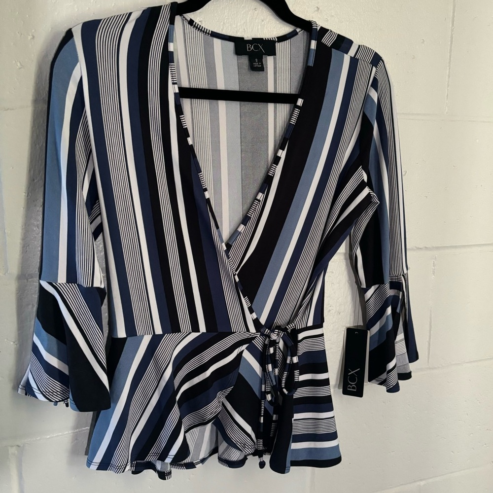 BCX Juniors' Striped Bell-Sleeve Wrap Top